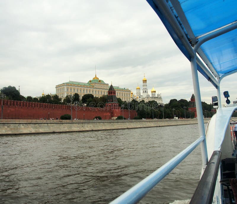 Walls and towers of the Moscow Kremlin. View from the Moscow river. Sight