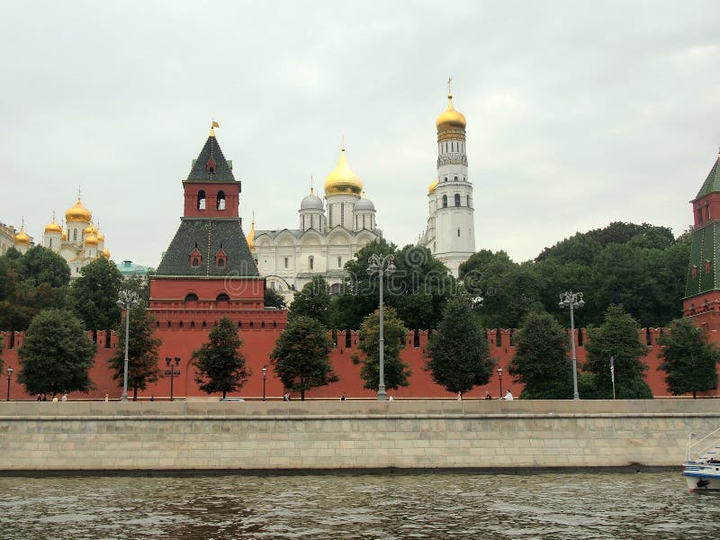 Walls and towers of the Moscow Kremlin. View from the Moscow river. Sight