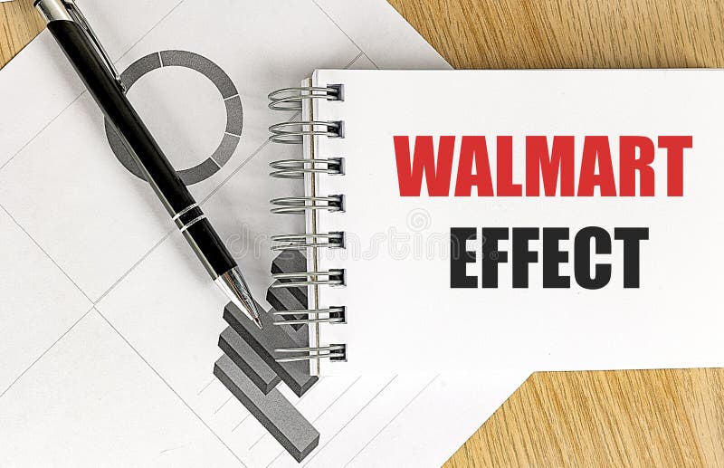 Walmart effect concept with text on a notebook, a black pen, and printed charts on wooden desk background.