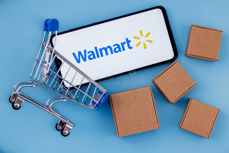 Walmart Es Una Multinacional Americana De Comercio Minorista. Carrito De  Compras Con Paquetes Al Fondo Del Logo De Walmart Imagen editorial - Imagen  de superalmacén, conveniencia: 232588585