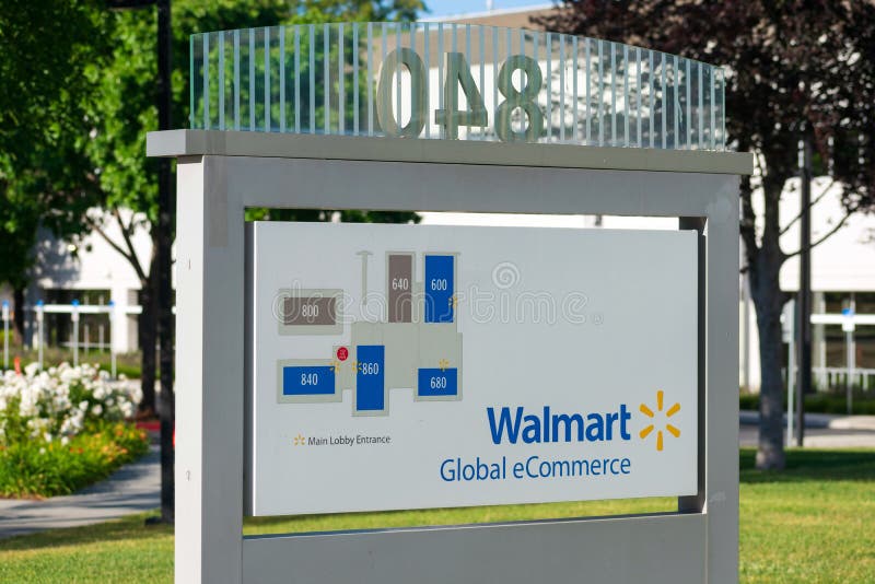 Walmart Global eCommerce sign and campus map at Walmart Labs office building in Silicon Valley. - Sunnyvale, California, USA -