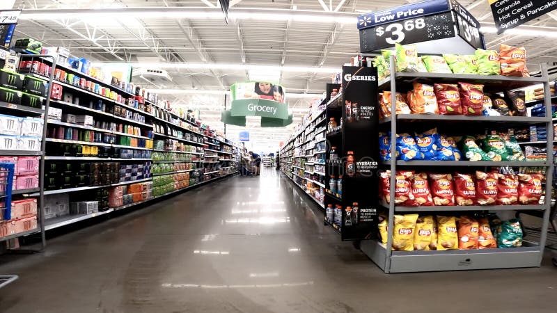 Walmart Interior Looking Down the Drink Aisle Editorial Photography