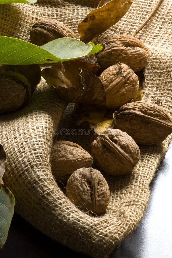 Some walnuts with burlap on the table