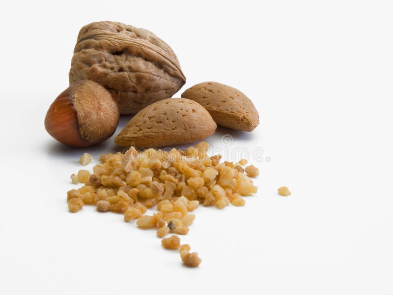 A walnut, two almonds and a hazelnut together with a small pile of the same fruits royalty free stock photo A walnut, two almonds and a hazelnut together with a small pile of the same fruits royalty free stock photo