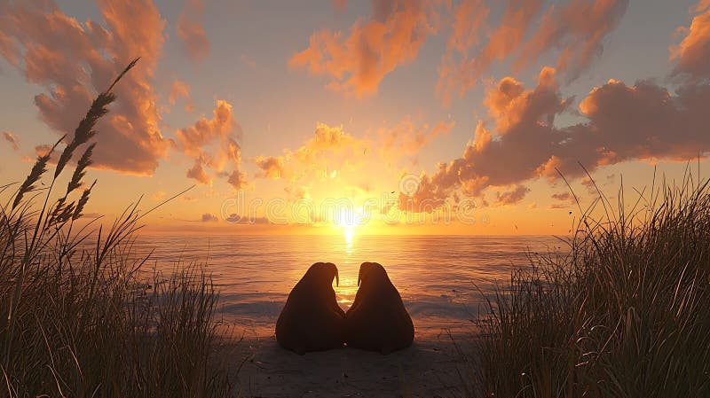 Walrus Couple Silhouetted mot en brant Sunset på den arktiska kusten vektor illustrationer