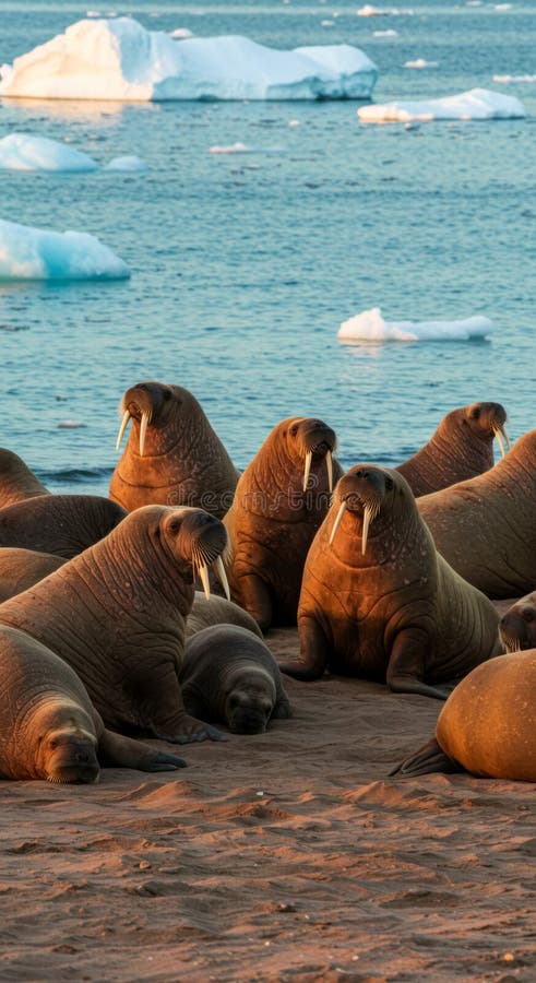 Walrus Group on Arctic Beach at Sunset royaltyfri illustrationer