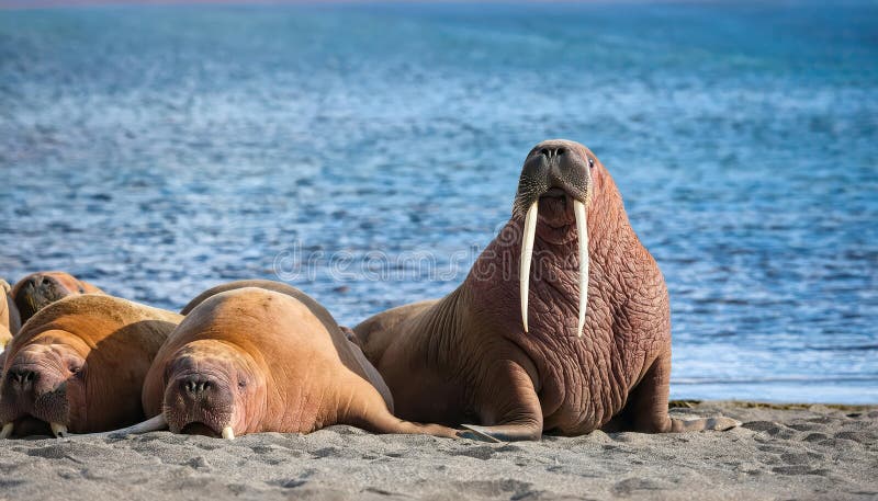 Walrus Herd Gathering på Sand Beach Majestic Arktis Wildlife in Golden Light på en vinterdag royaltyfri illustrationer