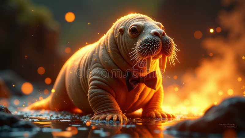 Walrus i en bukhinna med brandbakgrund vektor illustrationer