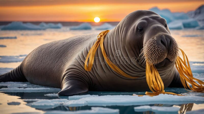 Walrus insnärjda i plastavfall vid solnedgång på arktisk isflod royaltyfri illustrationer