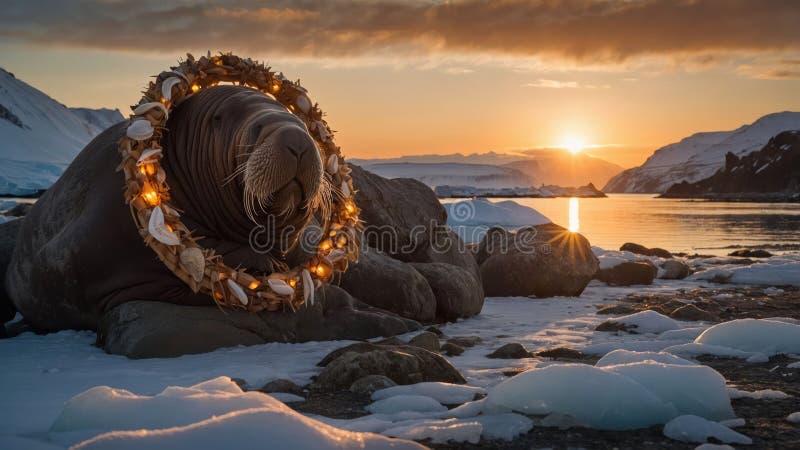 Valross med festlig snäckkrans vid solnedgången i arktiskt landskap vektor illustrationer
