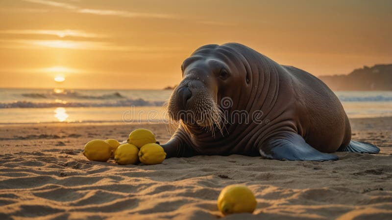 Walrus Relaxing on the Beach at Sunset with Lemons vektor illustrationer