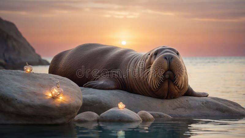 Walrus Sunset : Majestic Arktis Animal Rests on Rocks at Golden Hour royaltyfri illustrationer