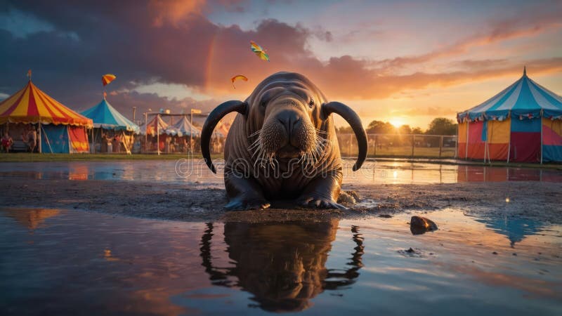 Walrus vid Sunset Circus : Majestisk marin däggdjur i en färglös glasflaska stock illustrationer