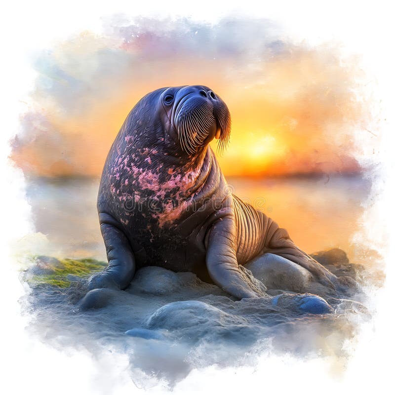 Walrus vid Sunset A Stunning WatercolorStyle Illustration of Arktis Wildlife royaltyfri illustrationer