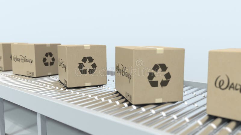 Walt Disney logo on moving boxes on roller conveyor. Loopable editorial 3D animation stock illustration