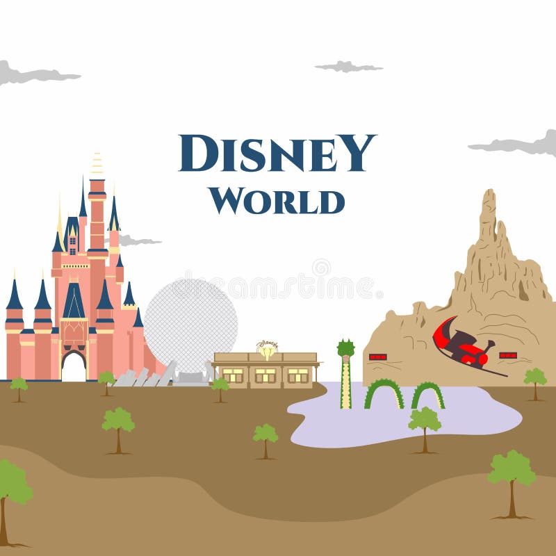 The Walt Disney World in Bay Lake and Lake Buena Vista, Florida, in the United States. Great place for holiday. Set of disney buildings. Flat cartoon vector illustration isolated on white background