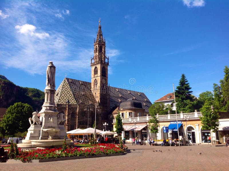 Panoramic view of Walther Square in Bolzano, South Tyrol