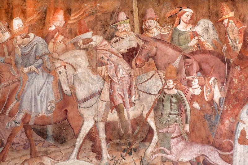 Wand mit Fragment Freskos des des 14. Jahrhunderts Triumph des Todes und des letzten Urteils stockfotos Wand mit Fragment Freskos des des 14. Jahrhunderts Triumph des Todes und des letzten Urteils stockfotos