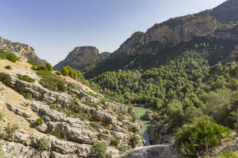 Wandelingssleep Caminito del Rey Mening van Kloof van Gaitanes in Gr CH royalty-vrije stock foto Wandelingssleep Caminito del Rey Mening van Kloof van Gaitanes in Gr CH royalty-vrije stock foto