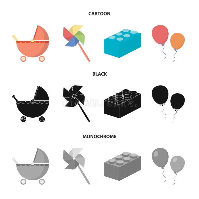 Wandelwagen, windmolen, lego, ballons Speelgoed geplaatst inzamelingspictogrammen in beeldverhaal, de zwarte, zwart-wit voorraad stock illustratie Wandelwagen, windmolen, lego, ballons Speelgoed geplaatst inzamelingspictogrammen in beeldverhaal, de zwarte, zwart-wit voorraad stock illustratie