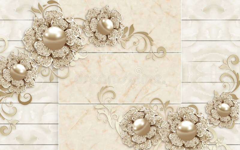 Wandentwurf der Tapeten-3D mit den Blumen- und geometrischen Gegenständen Goldkugel und den Perlen, purpurrote Blumen der Goldsch