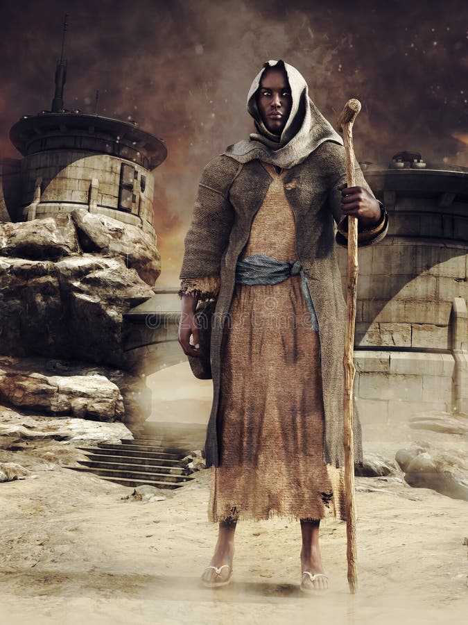 Wanderer among city ruins in the desert