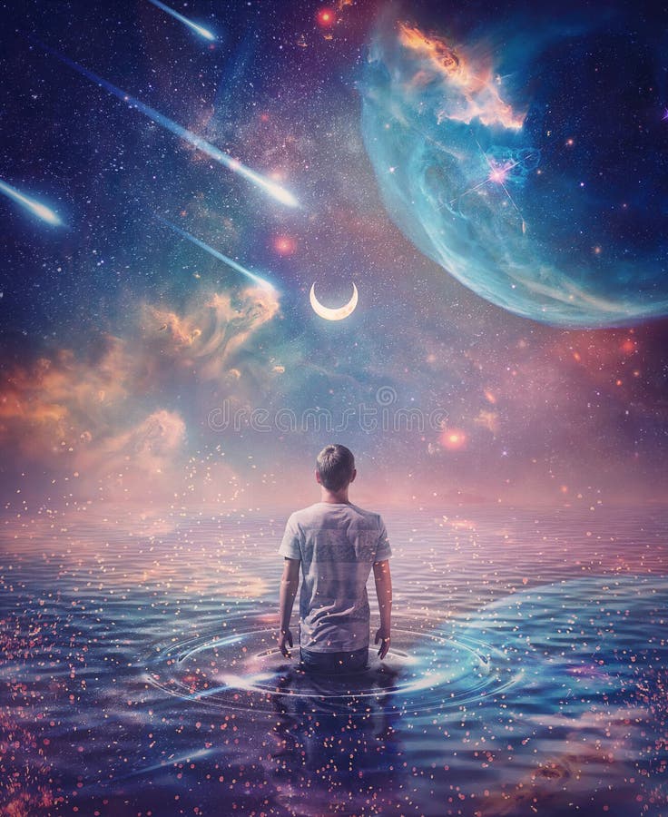 Wandering in the ocean of space. Wonderful cosmic background, surreal scene, starry night sky on another planet and a person walks