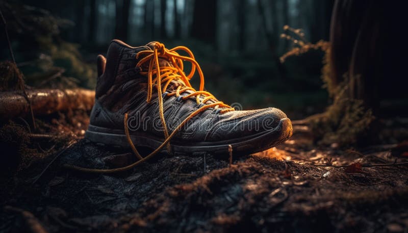 Wanderstiefel wandern durch Schlammwald auf Herbstabenteuer, generiert von ai lizenzfreie abbildung