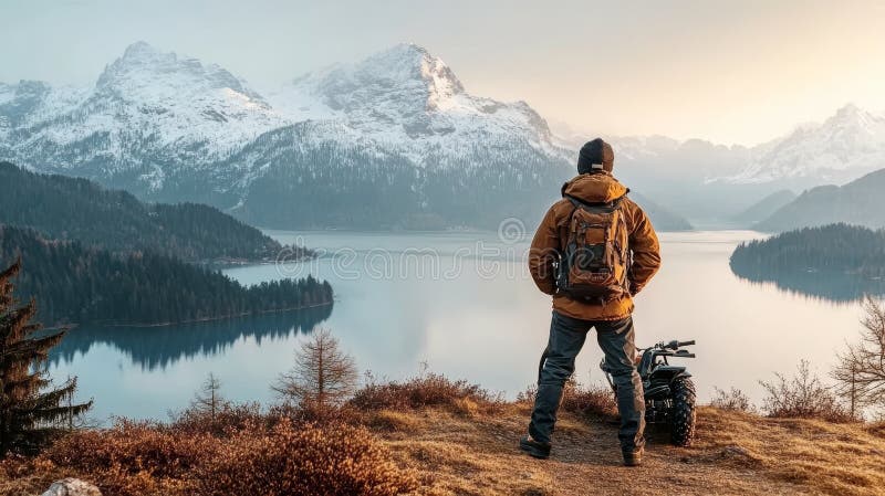 Wanderung Serene Mountain Lake View mit ATV im Herbst Abenteuer und Tranquility Concept lizenzfreie abbildung
