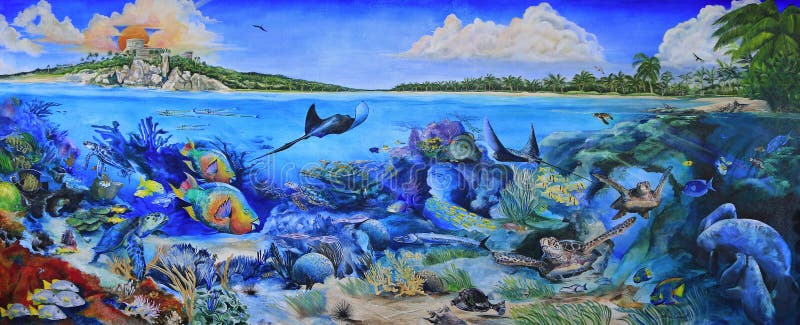 Wandmalerei Wandmalerei von Akumal Bay und Tulum Ruinen, einschließlich der Unterwasserwelt, Riviera Maya