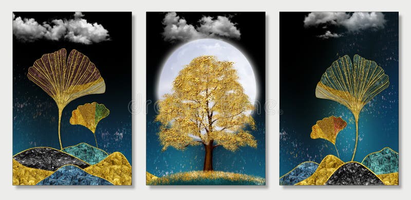 Wandteppiche der 3D-Kunst mit dunkelblauem Hintergrund, goldener Weihnachtsbaum lässt Berge am Himmel wachsen. zur Verwendung als vektor abbildung