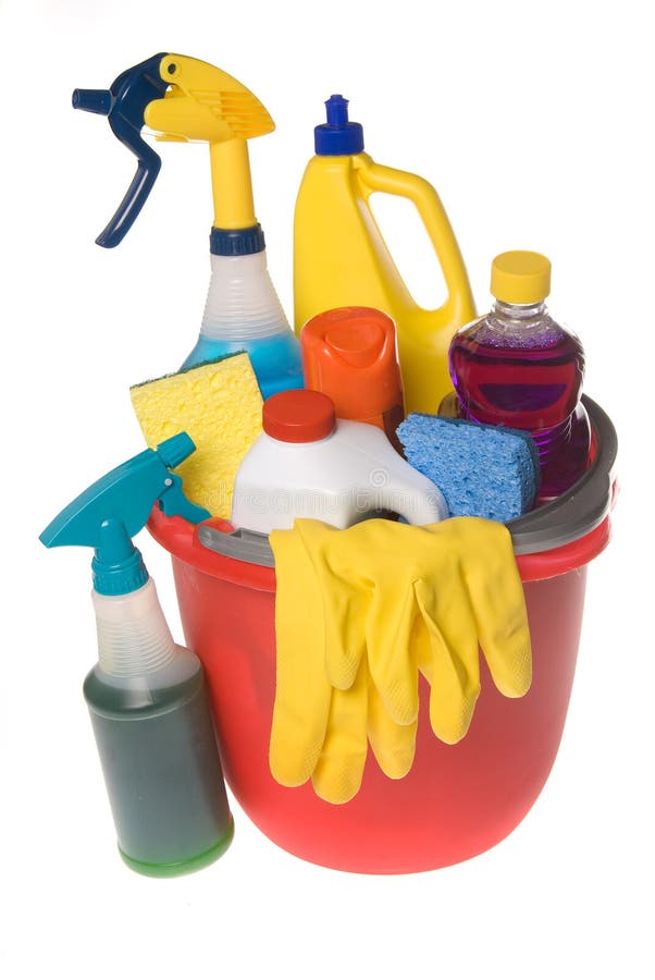 A bucket of cleaning supplies including sponges, gloves, sprays and pour chemicals isolated on white. A bucket of cleaning supplies including sponges, gloves, sprays and pour chemicals isolated on white.