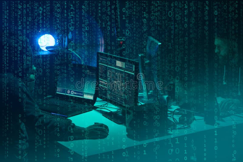 Wanted hackers coding virus ransomware using laptops and computers. Cyber attack, system breaking and malware concept. stock photo