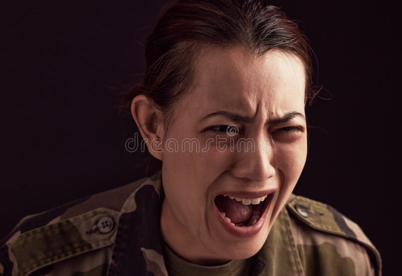 War, crying and military woman with ptsd, trauma and anxiety, screaming or shouting. Mental health, depression and face