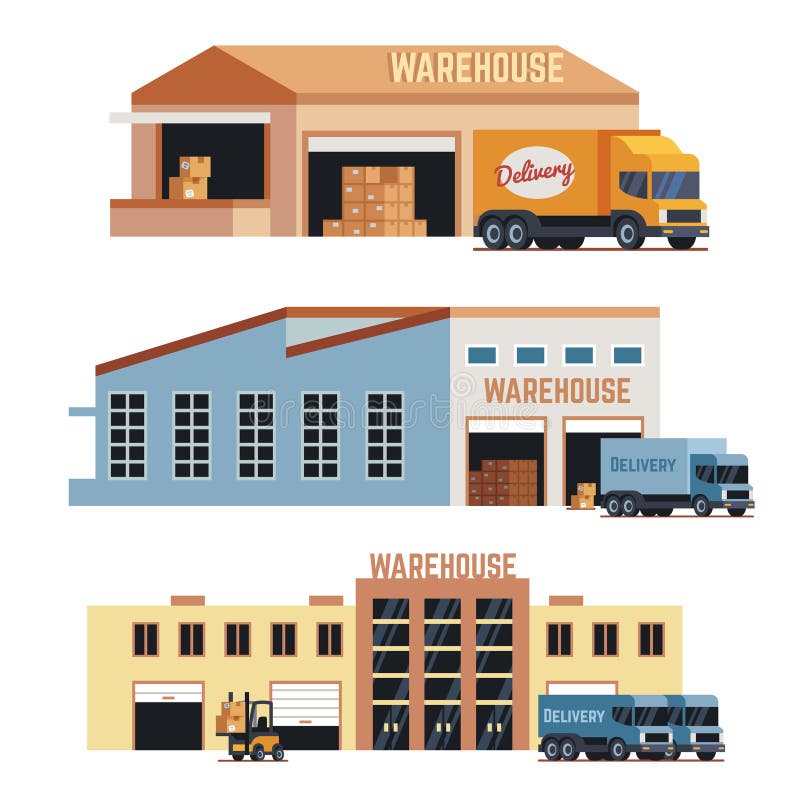 Warehouse building, industrial construction and factory storage vector icons