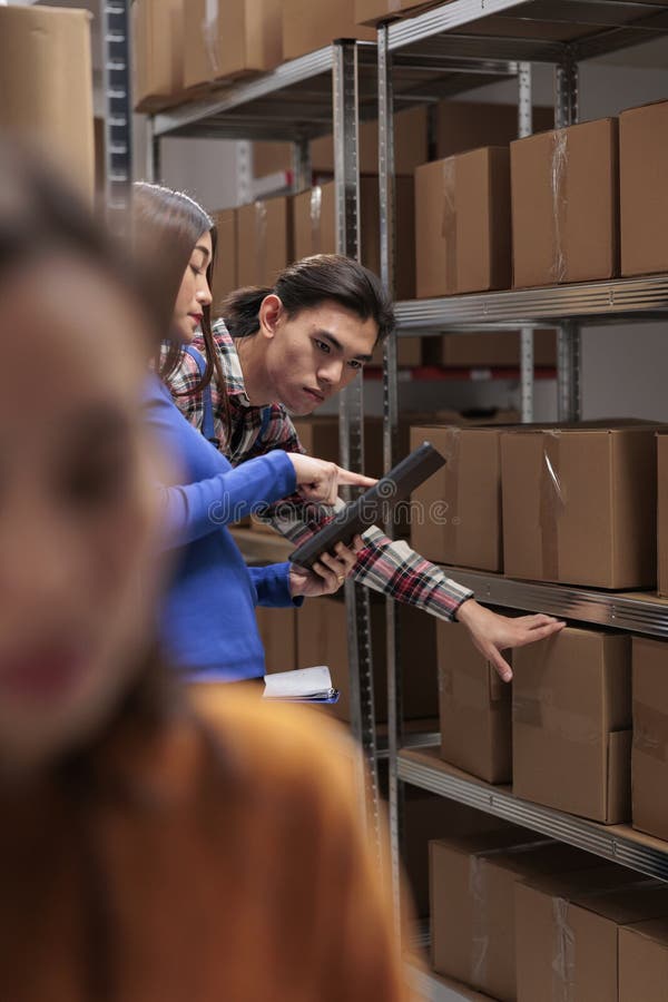 Warehouse employees inspecting parcels on rack and doing inventory royalty free stock image