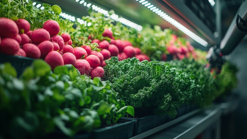 Warehouse Environment for Cold Storage of Perishable Vegetables and Herbs Under Climate Control Lighting Technology royalty free stock images