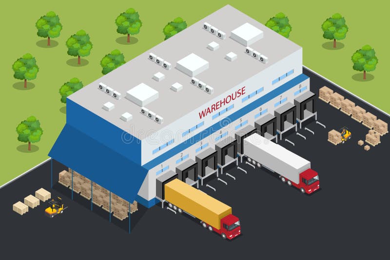 Warehouse equipment. Shipping and delivery flat elements. Workers boxes forklifts and cargo transport. Transport system stock illustration Warehouse equipment. Shipping and delivery flat elements. Workers boxes forklifts and cargo transport. Transport system stock illustration