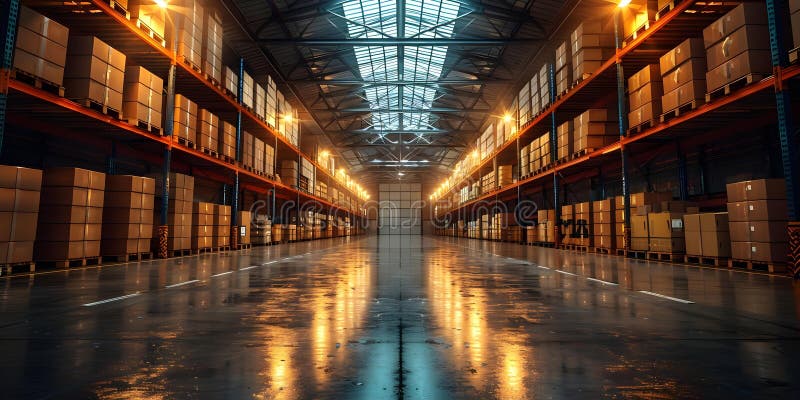 A warehouse filled with cardboard boxes on pallet racks in a modern logistic center. Concept royalty free illustration