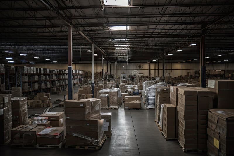 Warehouse, Filled with Merchandise and Boxes Ready for Shipment Stock