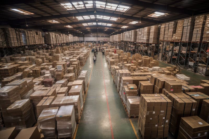 Warehouse, Filled with Merchandise and Boxes Ready for Shipment Stock