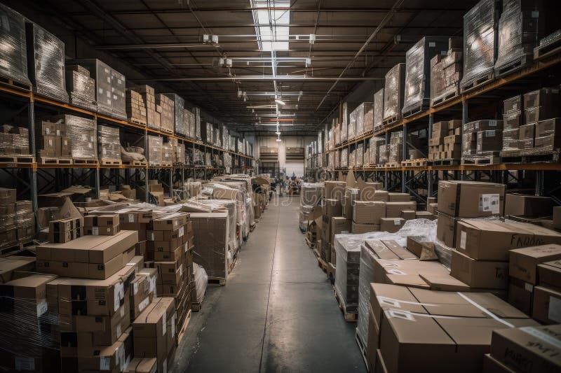 Warehouse, Filled with Merchandise and Boxes Ready for Shipment Stock