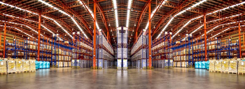 Warehouse industrial and logistics companies. Commercial warehouse. Huge distribution warehouse with high shelves.