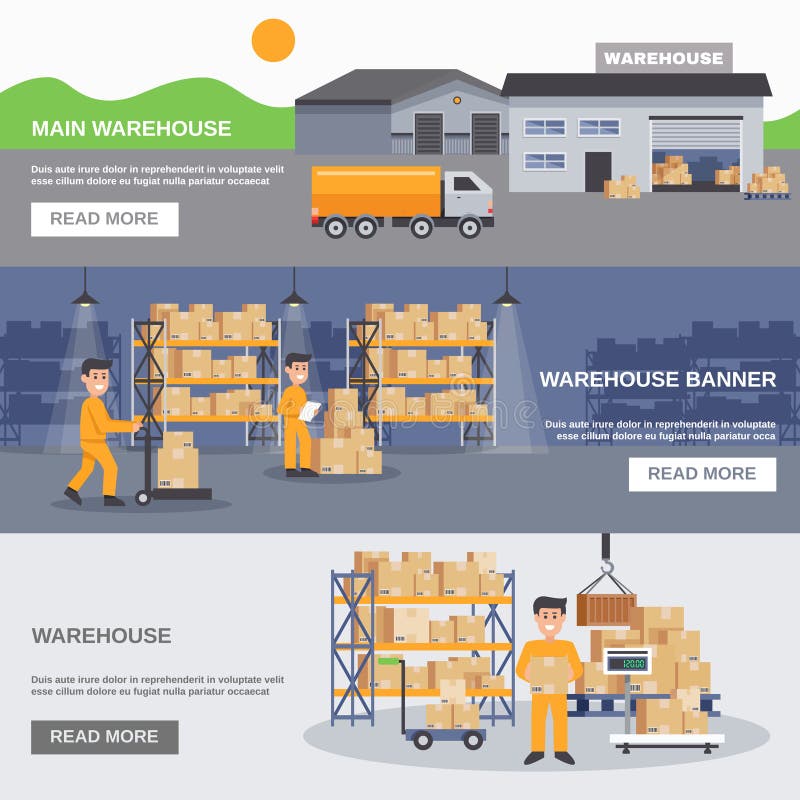 Warehouse Inside And Outside Horizontal Banners vector illustration Warehouse Inside And Outside Horizontal Banners vector illustration