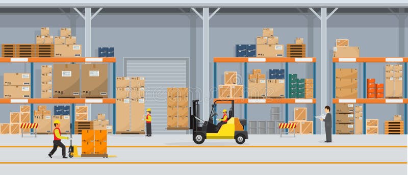 Warehouse Interior with Boxes On Rack And People Working. Flat vector and solid color style Logistic Delivery Service