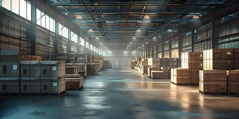 A warehouse interior with stacks of boxes ideal for visualizing inventory. Concept Warehouse stock illustration