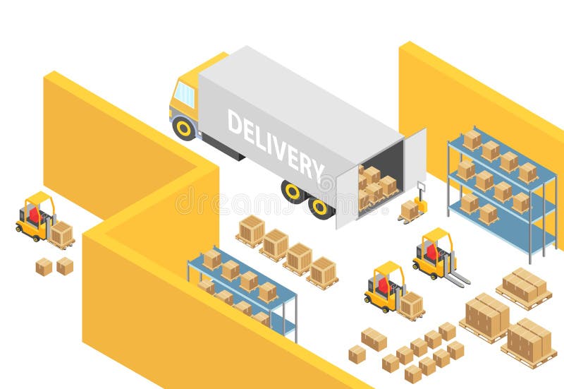 Warehouse isometric 3D warehouse interior map illustration with logistics transport and delivery vehicles. Loader vector illustration Warehouse isometric 3D warehouse interior map illustration with logistics transport and delivery vehicles. Loader vector illustration