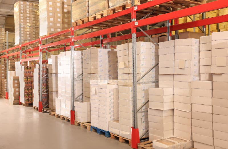 Warehouse with Lots of Boxes on Racks. Wholesale Business Stock Image