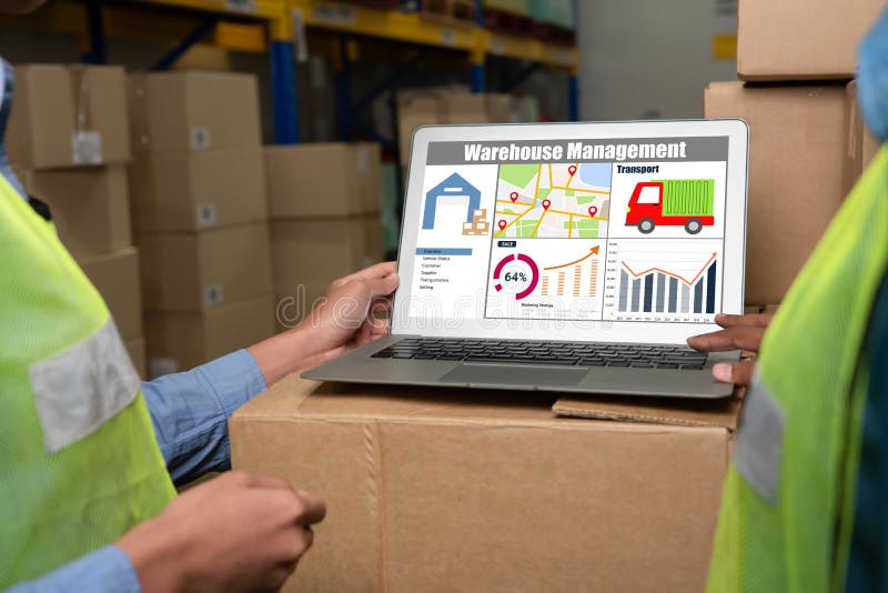 Warehouse management software application in computer for real time monitoring of goods package delivery . PC screen showing smart inventory dashboard for storage and supply chain distribution .