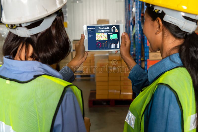 Warehouse management software application in computer for real time monitoring of goods package delivery . PC screen showing smart inventory dashboard for storage and supply chain distribution .